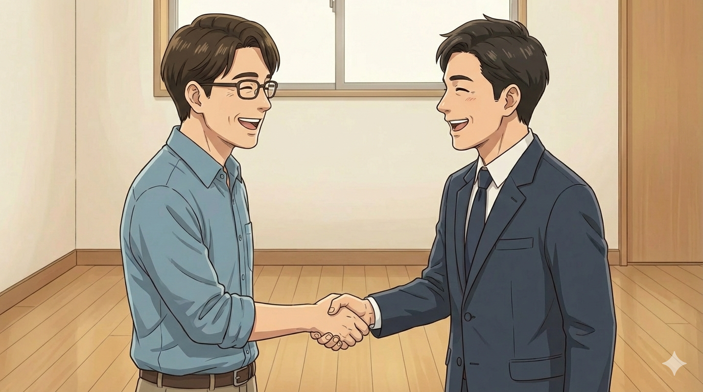 リフォーム業者の担当者と握手する40代男性のイラスト