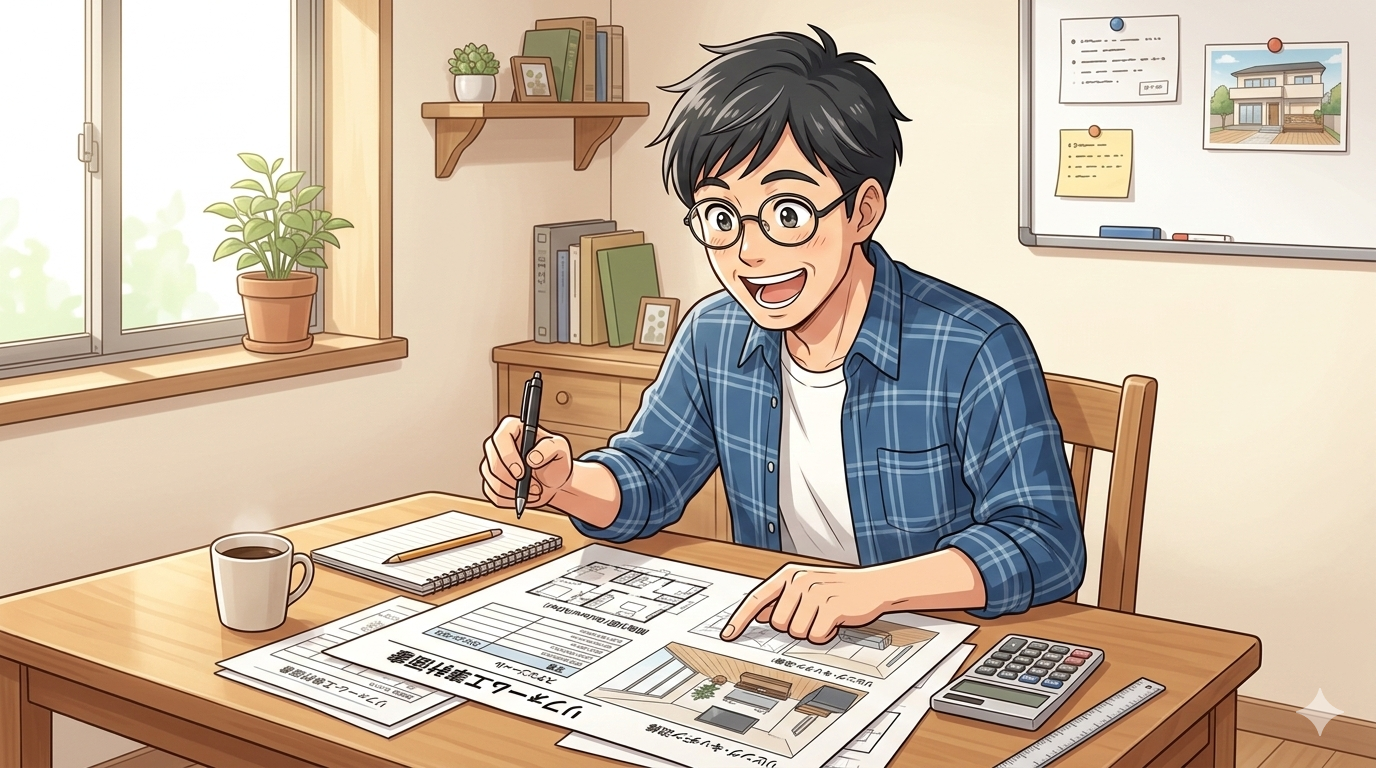 リフォームの工事計画書を見てワクワクする40代男性のイラスト」